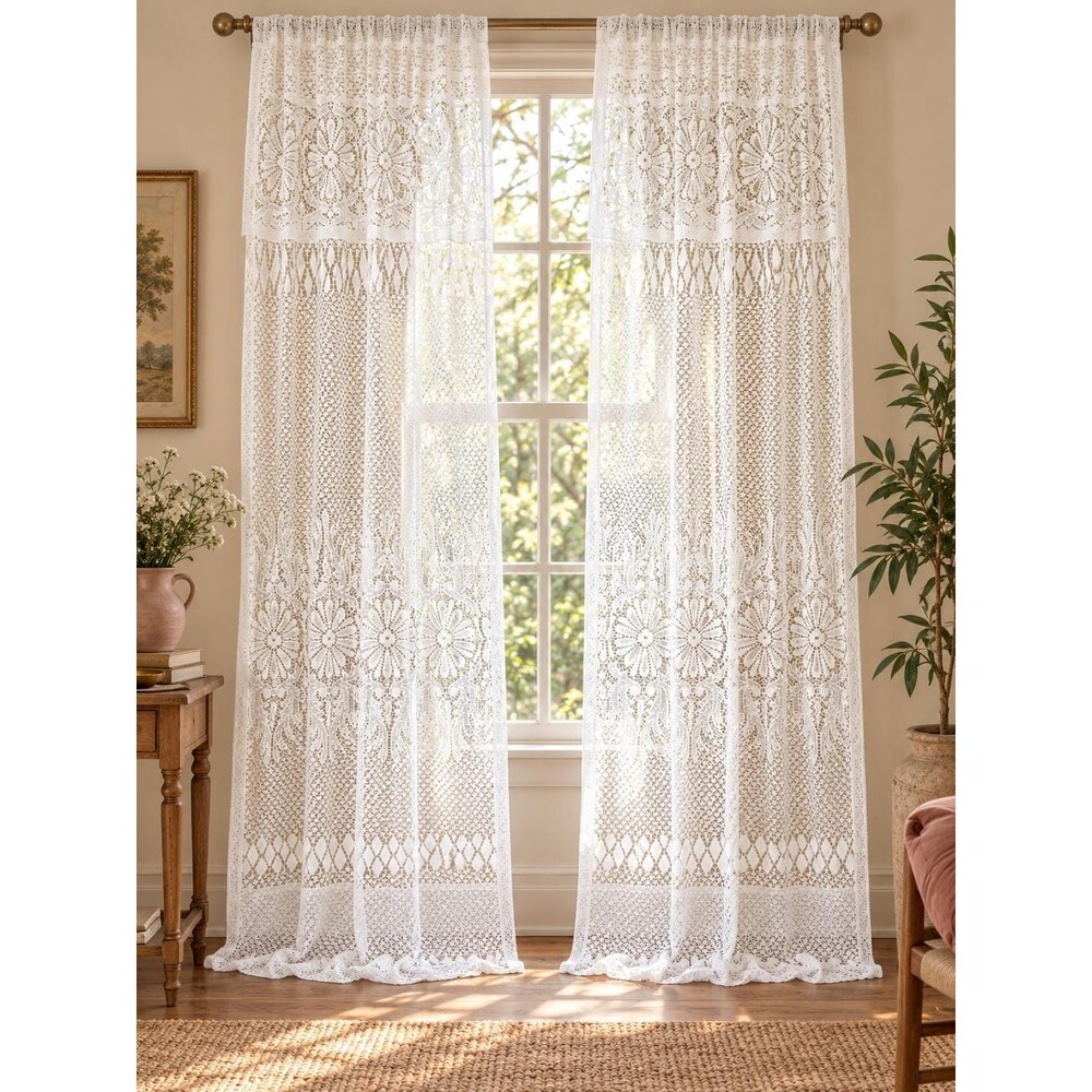 Vintage White Floral Lace Curtain Panels Set of 2 Long 90 x 60 Cottage Boho